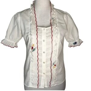 White Embroidered Ruffle Front Bavarian Style Blouse S Puff Sleeve Boho Twee
